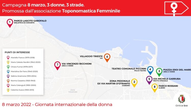 Bari, presentati otto nuovi toponimi dedicati ad altrettante donne negli spazi pubblici della città