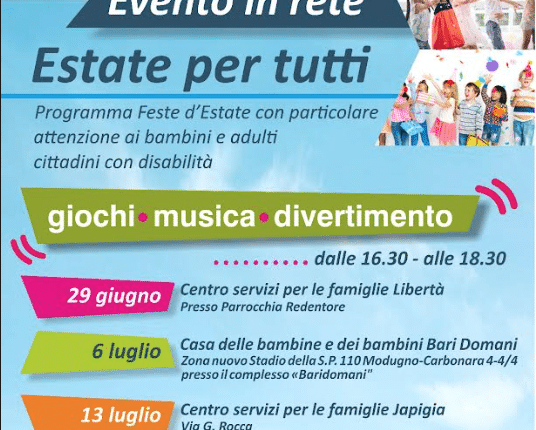 Bari, "Feste d'Estate": 5 date rivolte a persone con disabilità di tutte le età