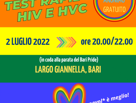 Bari, Pride 2022: sportello rapido per i test Hiv gratuiti e anonimi.