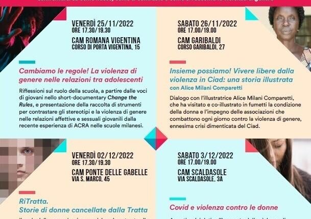 Milano, rassegna eventi contro la violenza di genere supportata dal Comune e dalla onlus ACRA.