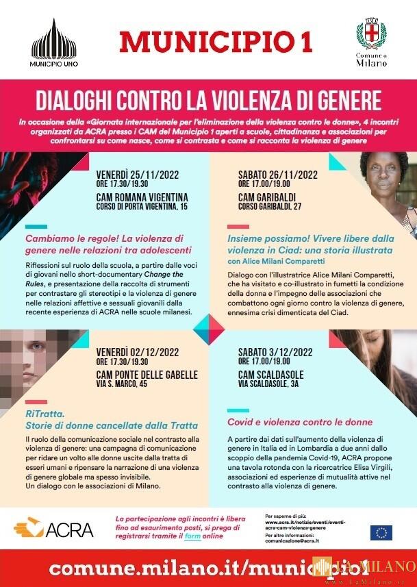 Milano, rassegna eventi contro la violenza di genere supportata dal Comune e dalla onlus ACRA.