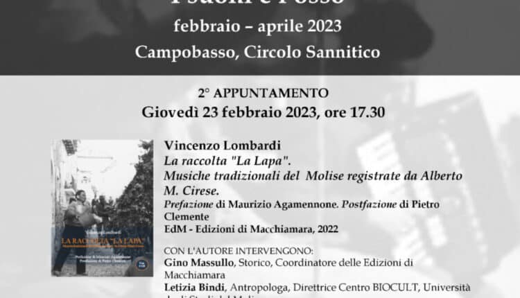 Campobasso: La rassegna “I suoni e l’osso” con Vincenzo Lombardi e il suo testo “La raccolta «La Lapa». Musiche tradizionali del Molise registrate da Alberto M. Cirese”