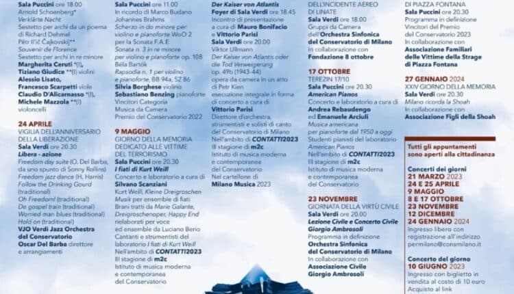 Milano: al via la seconda edizione di "Milano è memoria - il conservatorio per la sua città" , dieci concerti al Conservatorio di Milano 'Giuseppe Verdi' per narrare, ricordare, commemorare. 
