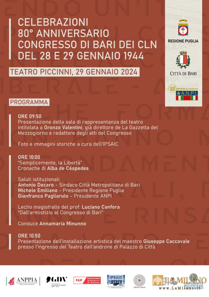 80° Anniversario del Congresso dei CLN a Bari, alla presenza del Presidente della Repubblica Sergio Mattarella: il programma della cerimonia.