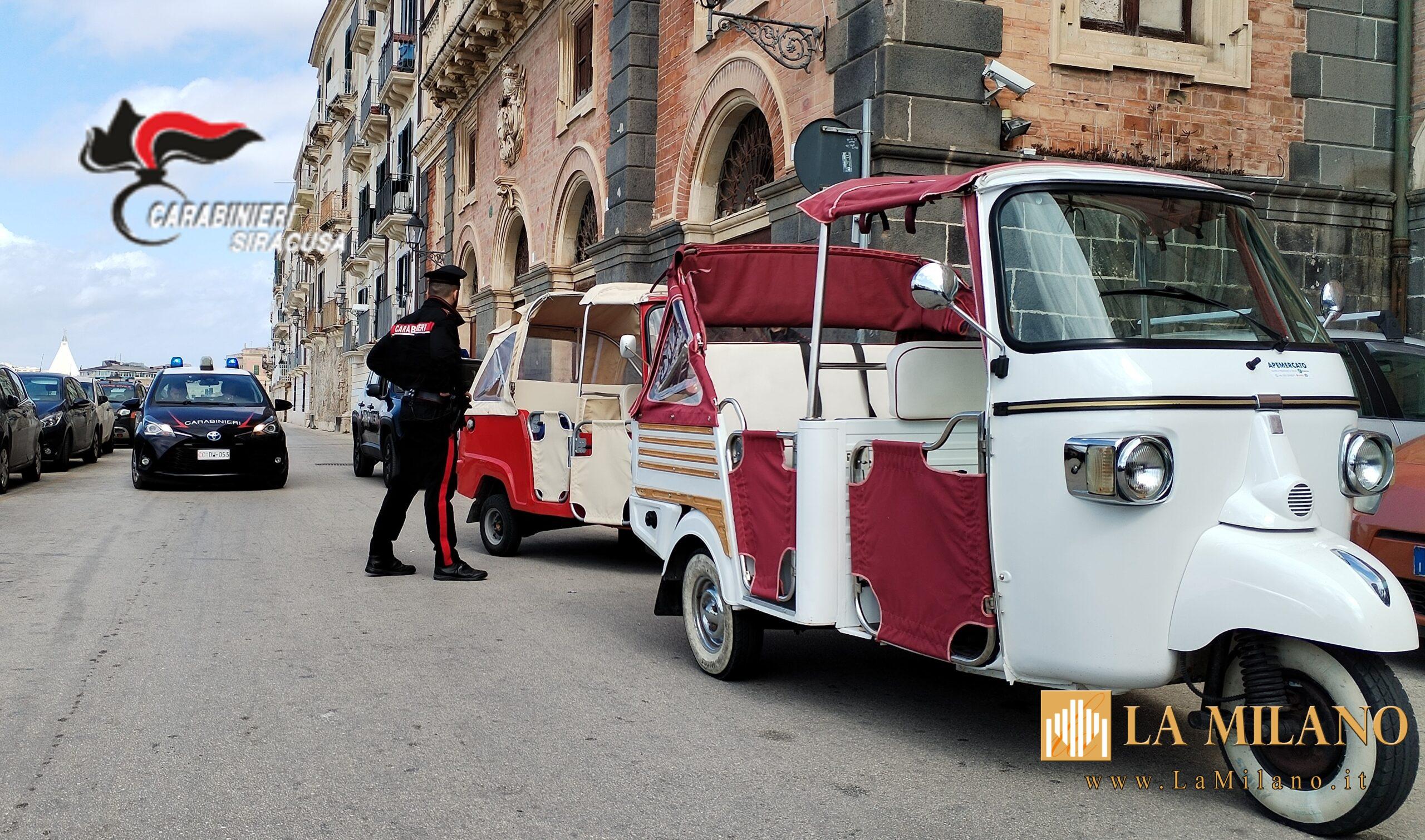 Siracusa-Ortigia, contrasto al servizio abusivo di taxi. I Carabinieri sequestrano 2 Ape calessini.