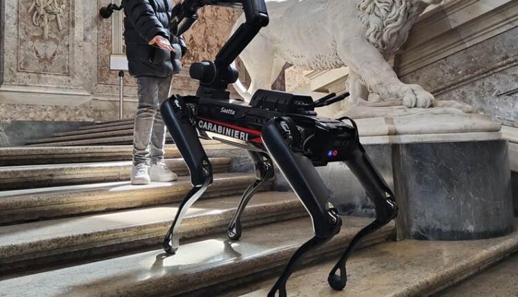 Il cane carabiniere "Luna" e il robot "Saetta" incontrano gli studenti alla Reggia di Caserta. Simulata la ricerca di stupefacente.