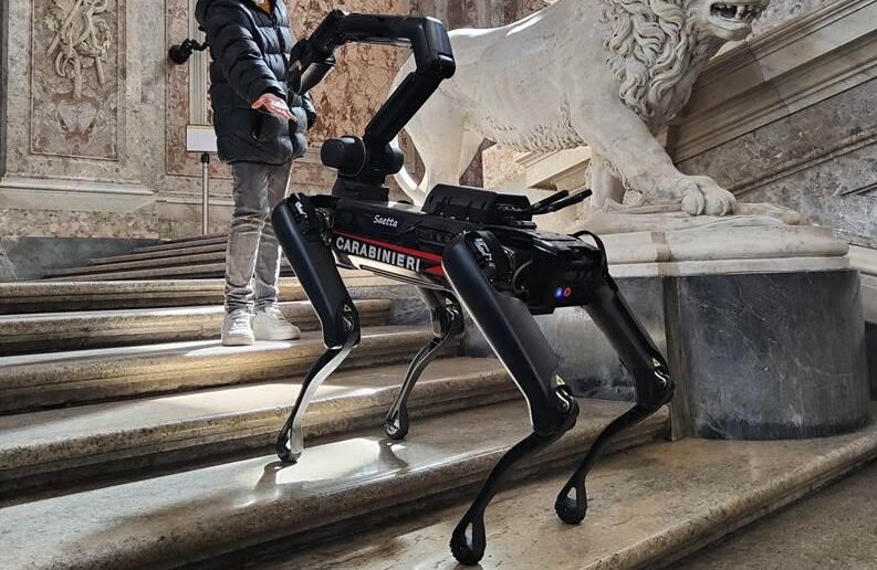 Il cane carabiniere "Luna" e il robot "Saetta" incontrano gli studenti alla Reggia di Caserta. Simulata la ricerca di stupefacente.