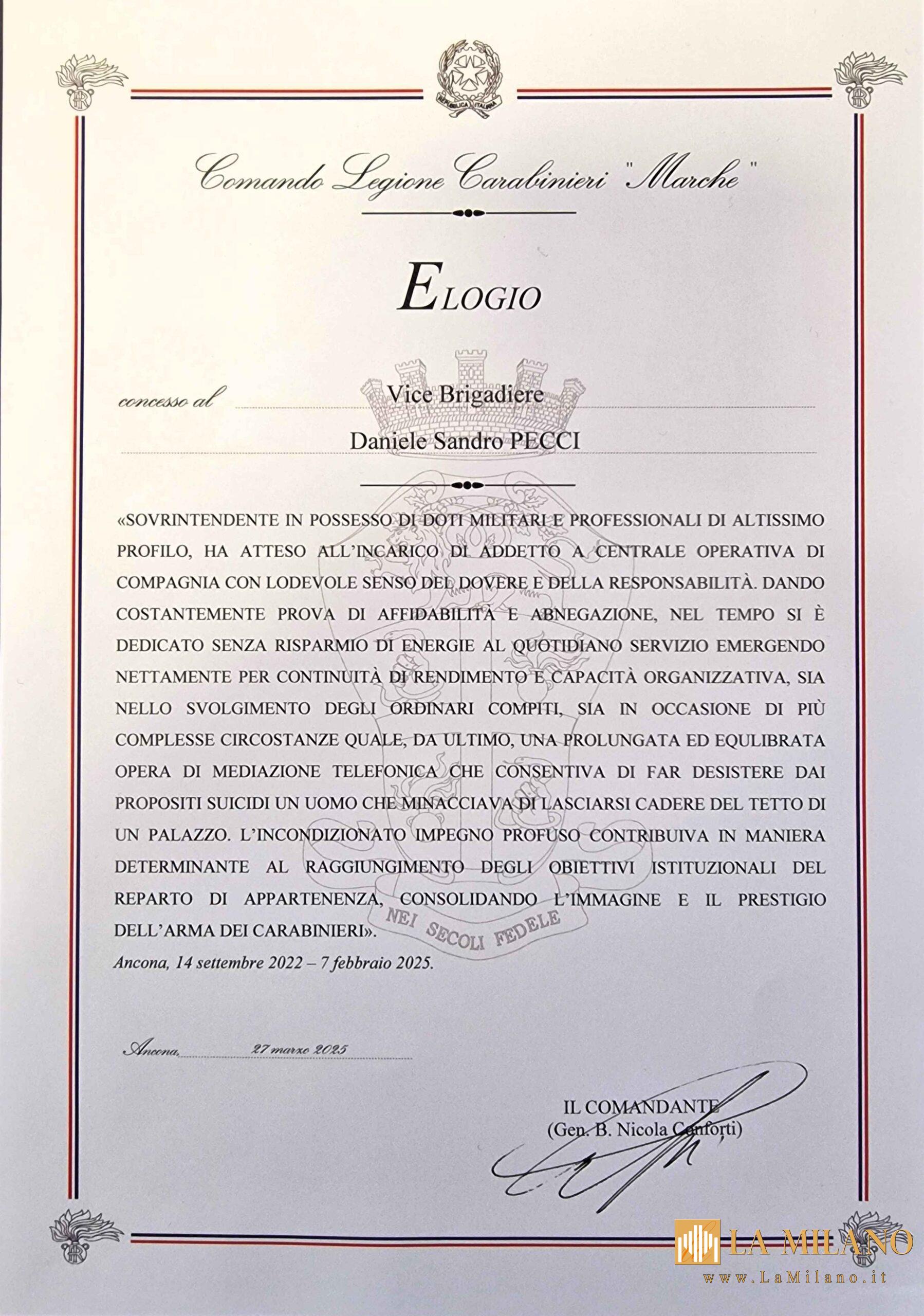 Premiazione del Vice Brigadiere Daniele Sandro Pecci per il salvataggio a Falconara Marittima