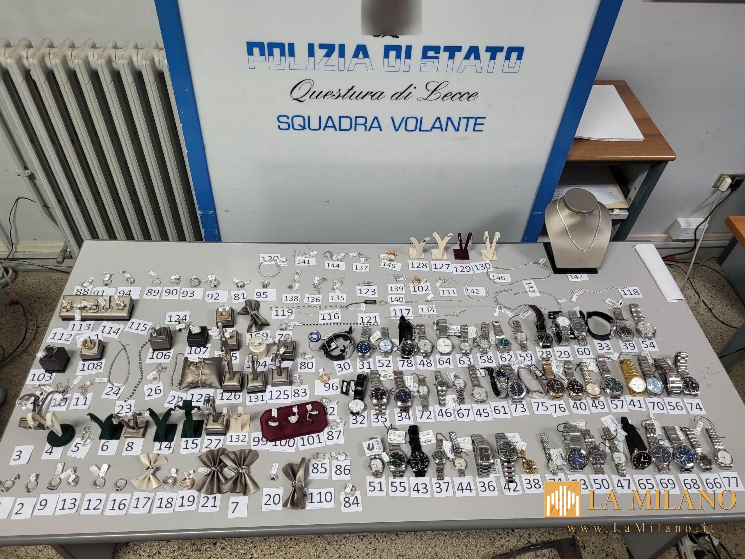 Lecce, maxi furto in gioielleria sventato dalla Polizia: arrestato un ladro, refurtiva da 600mila euro recuperata.