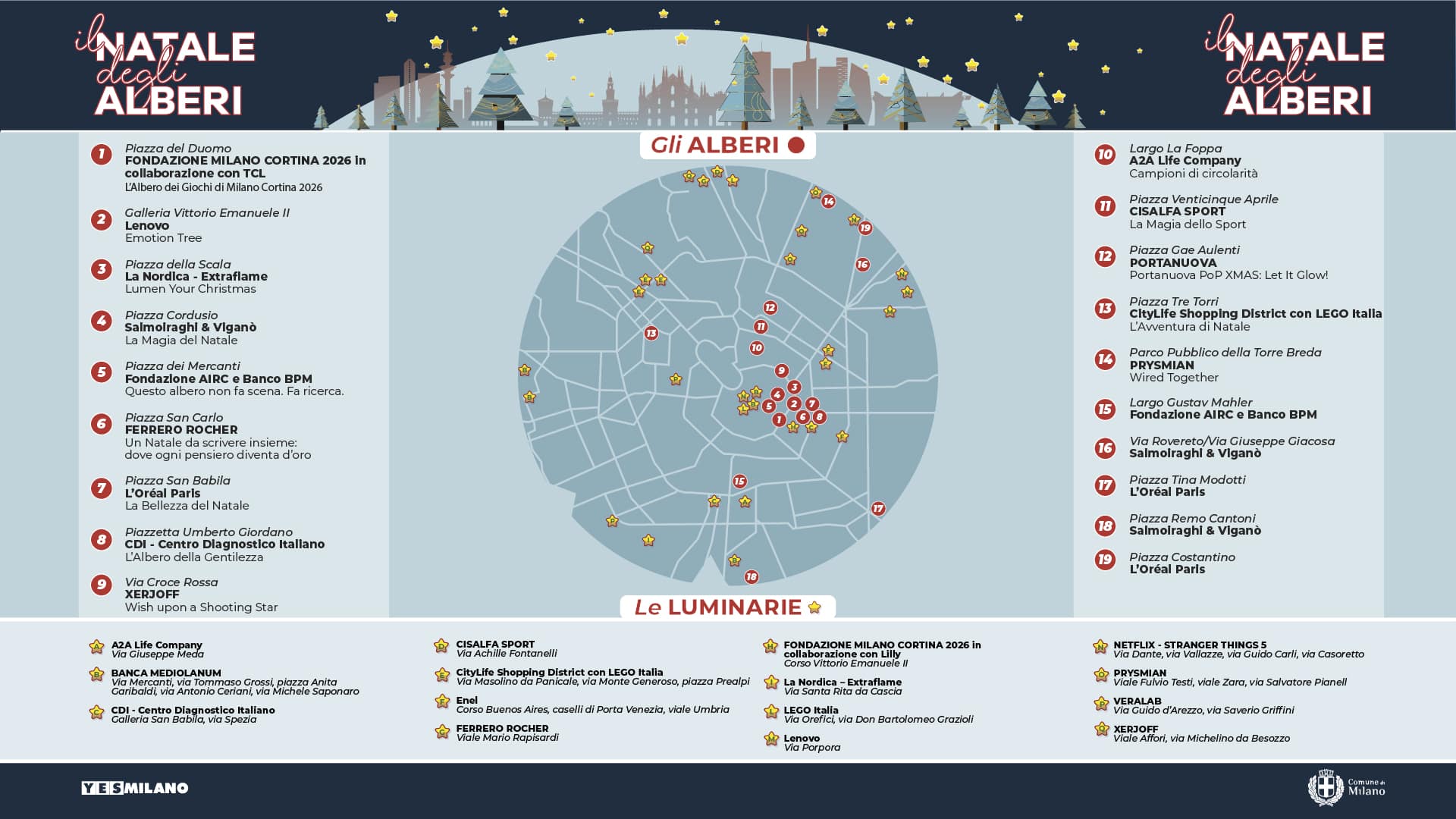Mappa Alberi e Luminarie Natale a Milano 2025