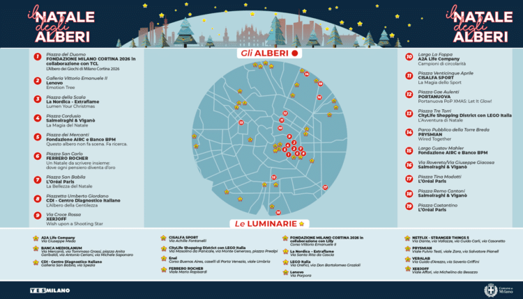 Milano accende il Natale 2025: oltre 30 installazioni luminose e l’Albero dei Giochi di Milano Cortina 2026 in piazza Duomo
