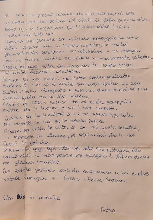 Donna in provincia di Matera ringrazia i Carabinieri per la protezione ricevuta dopo la denuncia di atti persecutori e maltrattamenti
